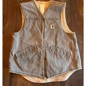 VTG 80s CARHARTT Men’s Thrashed Sherpa Lined Gray Denim Jean Vest Snap-Up Large